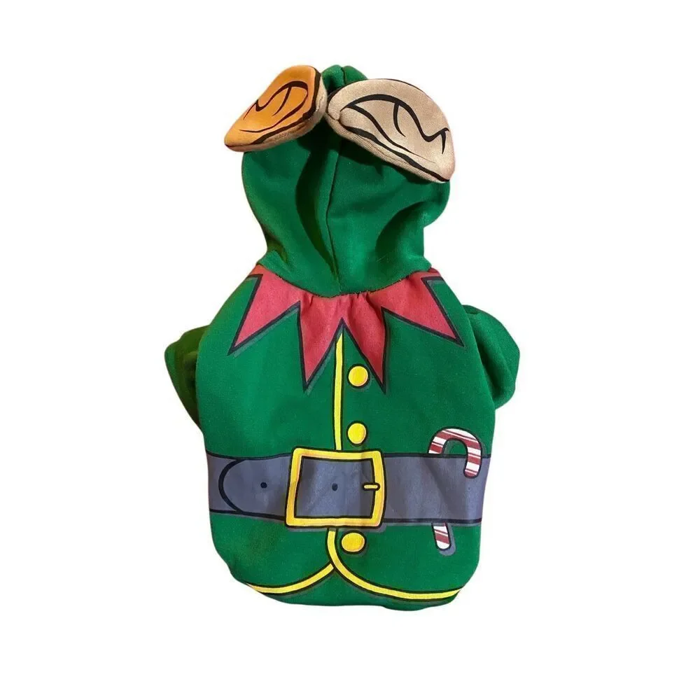 Green pet sweater, Christmas elf who did dog costume so small